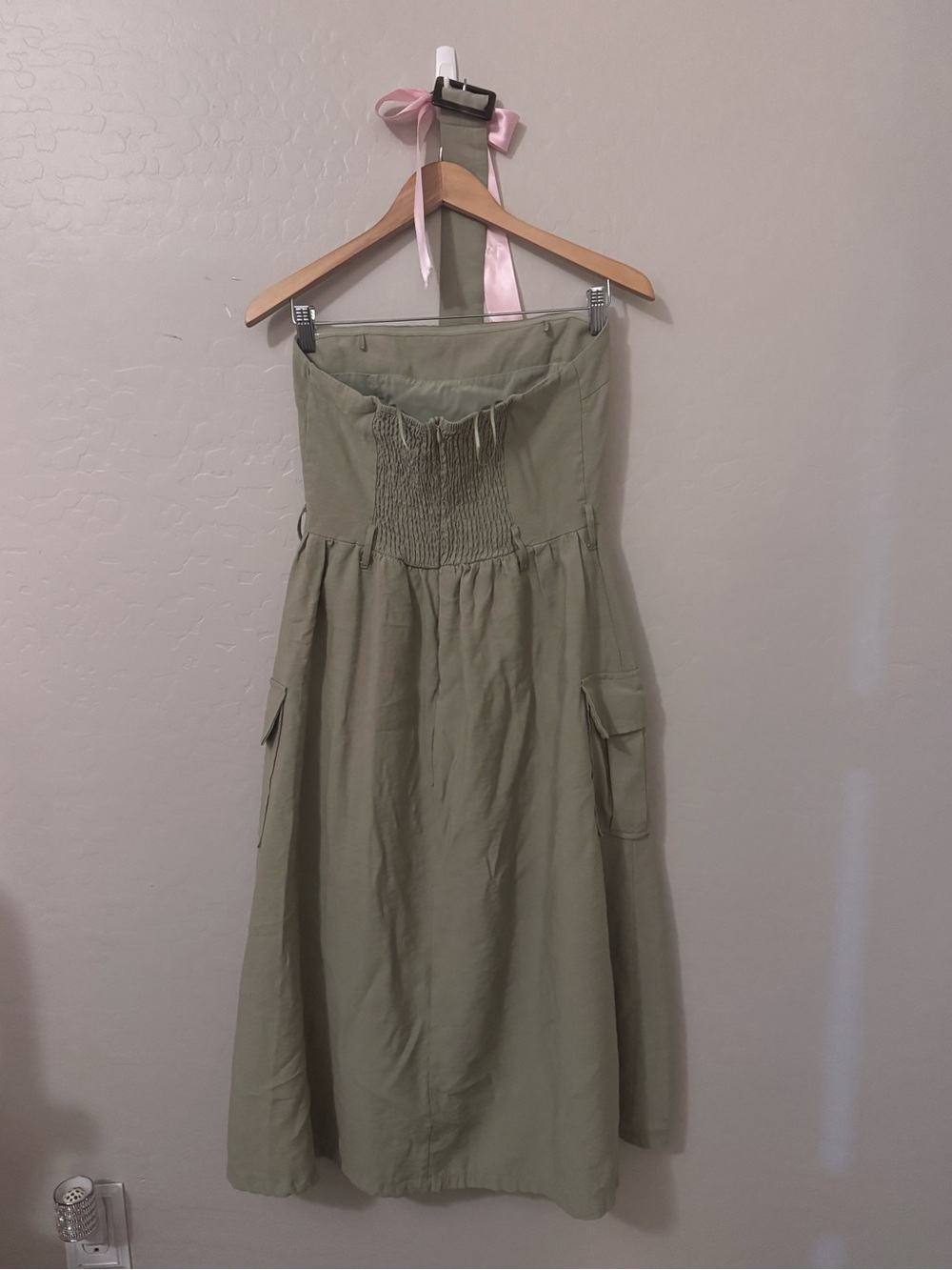 Olive Strapless Smocked Maxi Dress with Side Pockets